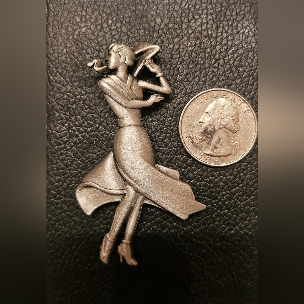 Vintage Jj Jonette Jewelry Pewter Woman In Flowing Dress Art Deco Style 25$